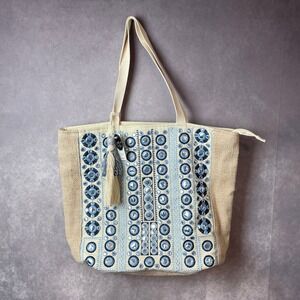 Lulu Jute Blend Tote Bag Tan Blue Embroidered Circle Shimmer Tassle NEW